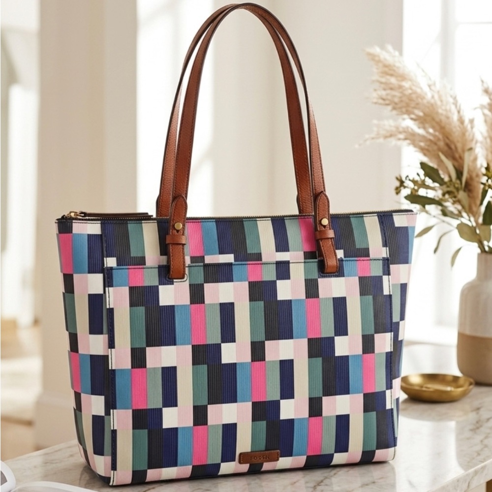 FOSSIL Rachel Large Tote Pixel Grid Shoulder Bag Multicolor W/ Key Charm